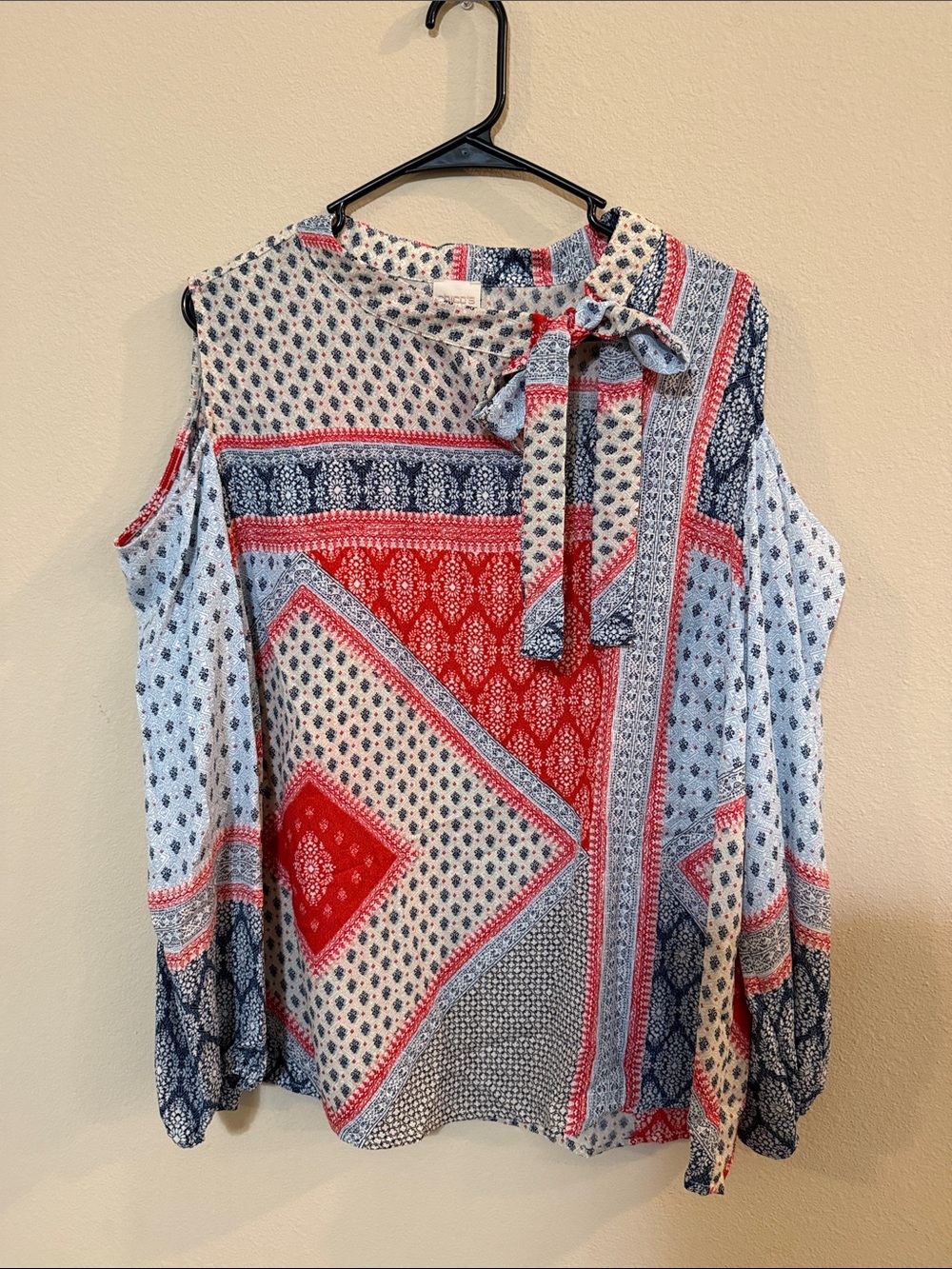 Chico's Red, Navy & White Cold-Shoulder Tie-Neck Blouse